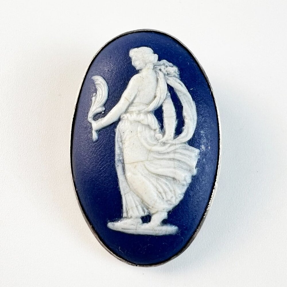 Vintage Adams Ware Blue White Jasperware Neoclassical Muse Oval Silver Brooch